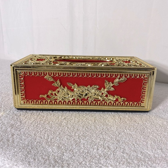 Vintage Elegant Ornate Red Velvet Gold Tone Plastic Tissue Box Cover - Picture 10 of 11